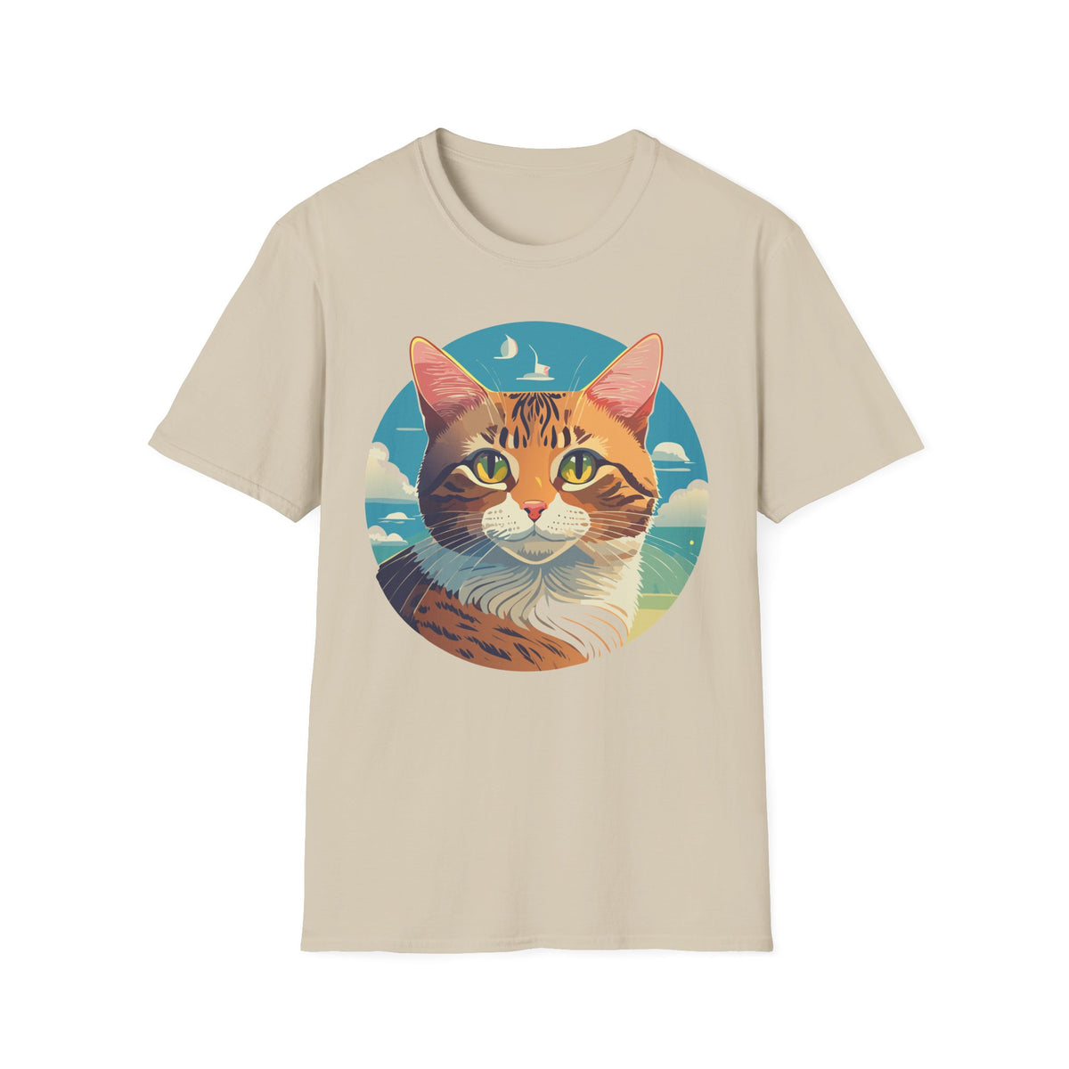 Sunset Tabby Cat T-Shirt | Cat Portrait Tee, Beach Sky Illustration