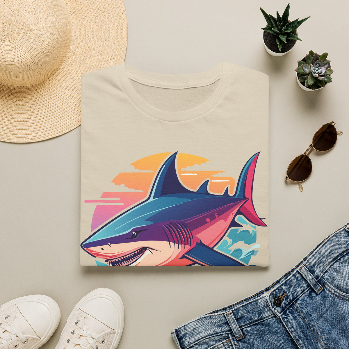 Sunset Shark Illustration T-Shirt | Retro Ocean Wave Tee