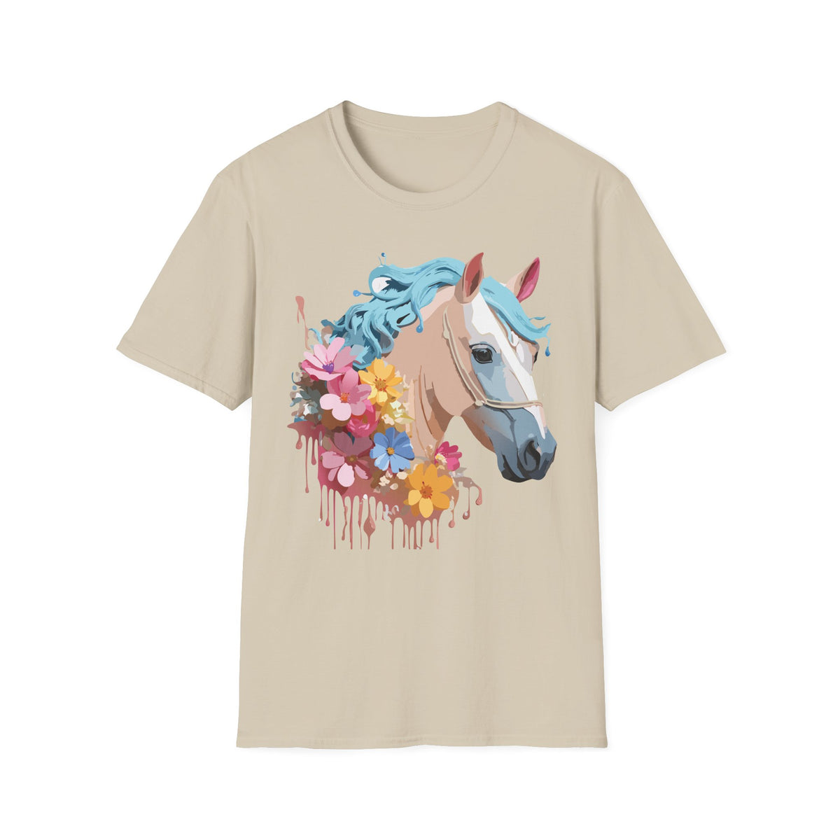 Floral Horse Illustration T-Shirt | Pastel Blue Mane, Watercolor Flowers
