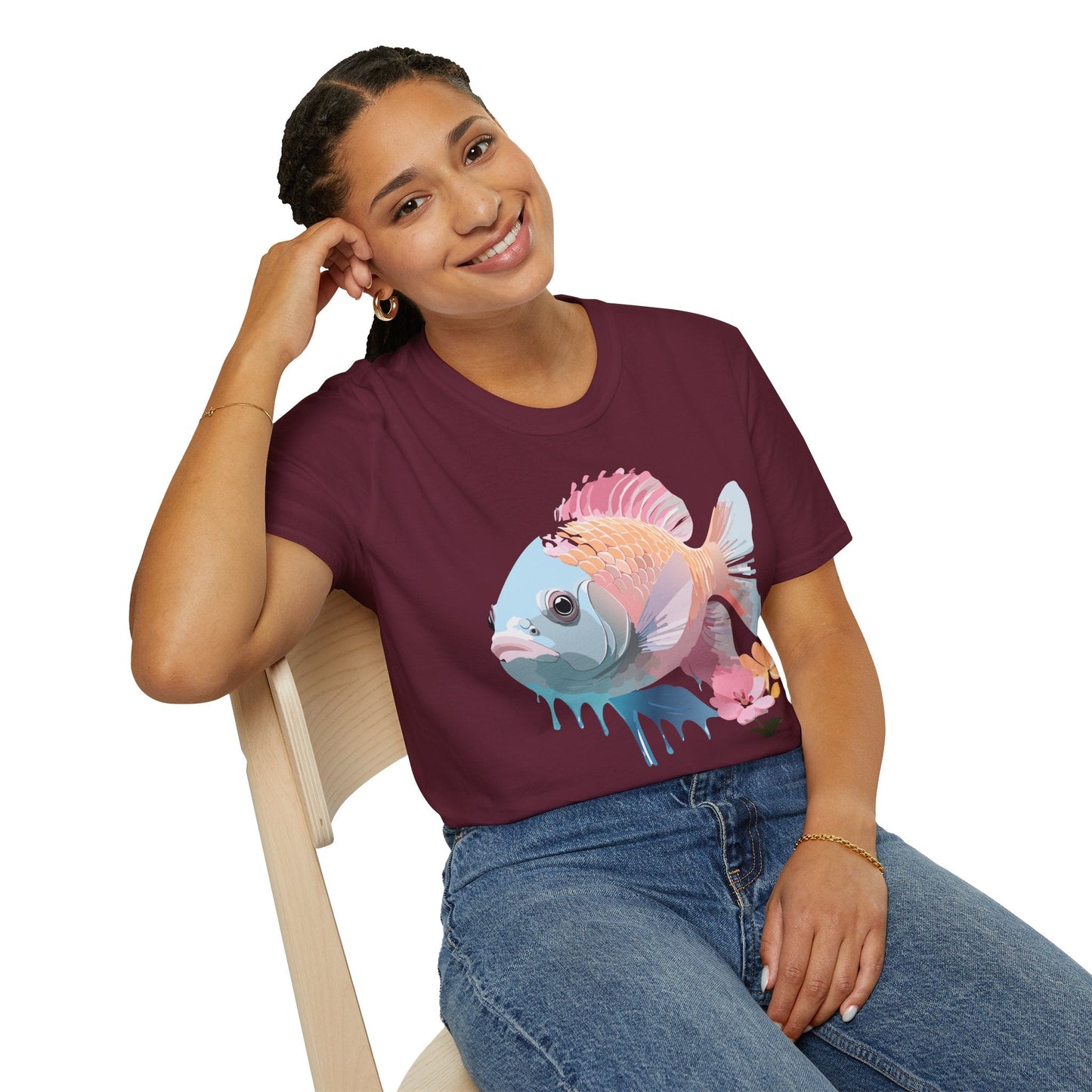 Fish Art Design Shirt Unisex Graphic Tee 100 Percent Ring Spun Cotton Softstyle Gildan 64000
