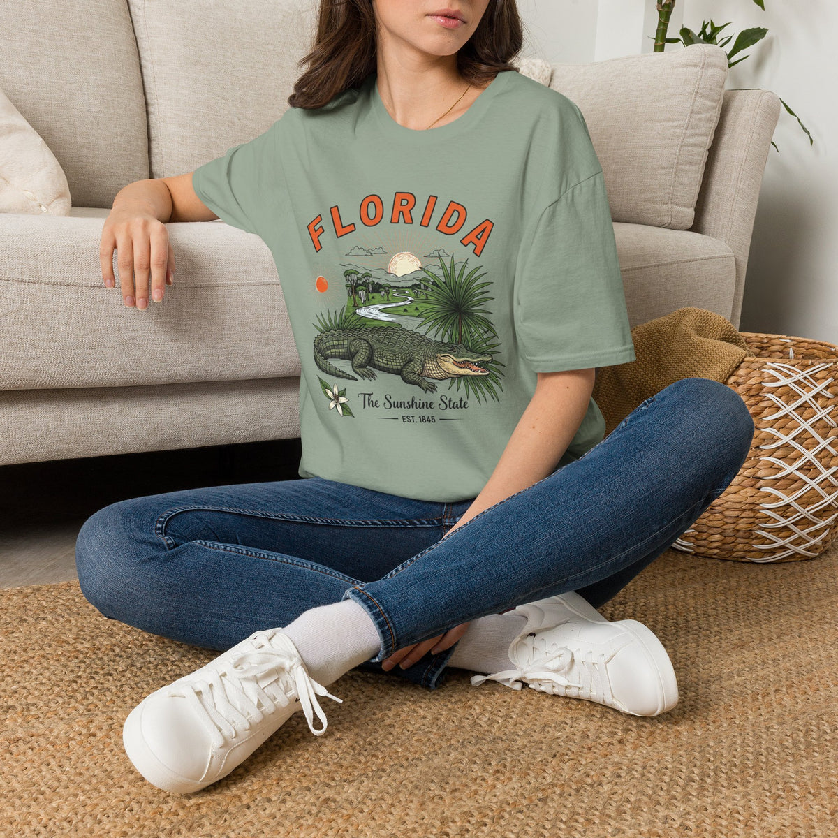 Florida Alligator Graphic T-Shirt — The Sunshine State Vintage Design Travel Tourist Graphic Design Unisex 100 Cotton Gildan T-Shirt
