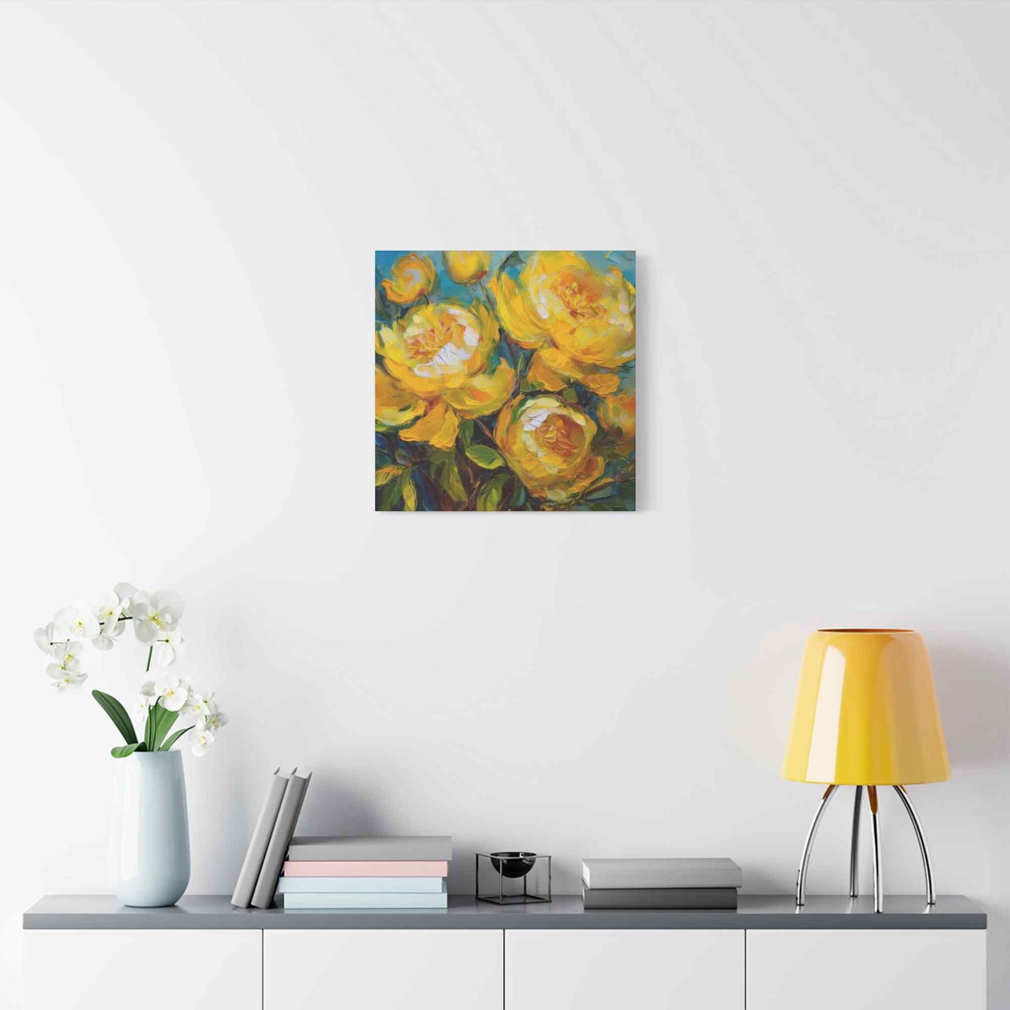 Yellow Peonies Print Canvas, Floral Oil Paint Print 20x20, 24x24, 30x30, 32x32, 36x36 Art Design Pine-Wood Inner Frame MC-120