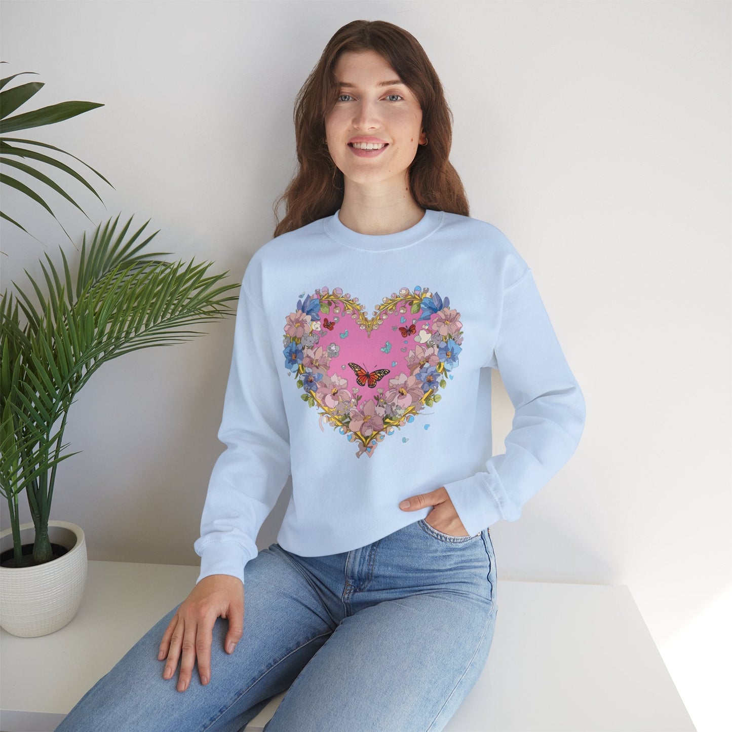 Floral Heart Sweatshirt Unisex Crewneck Gildan 18000 Fifty Fifty Cotton Polyester Valentine's Day