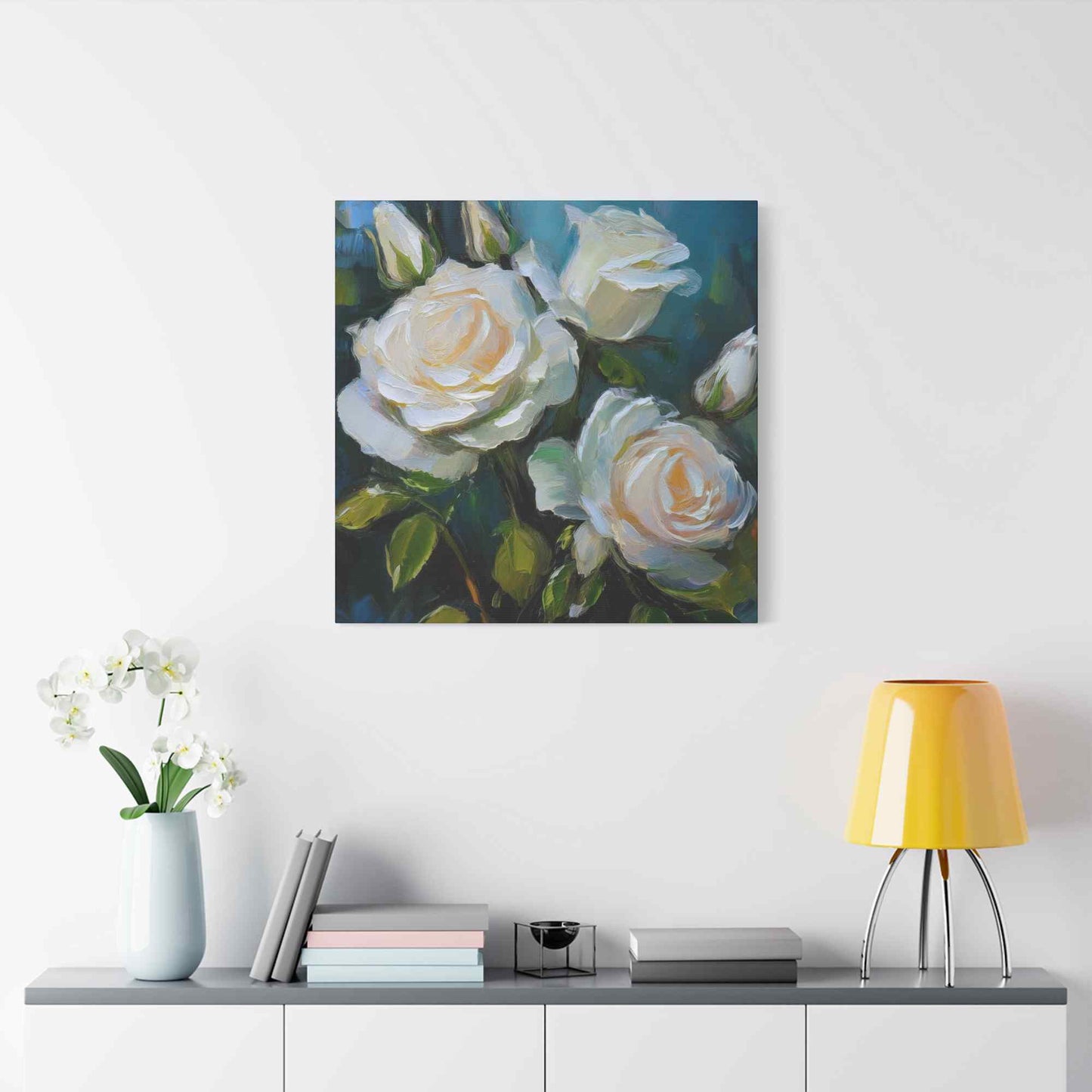White Roses Print Canvas, Roses Oil Paint Print 20x20, 24x24, 30x30, 32x32, 36x36, Floral Art Design Print Non-Frame MC-20