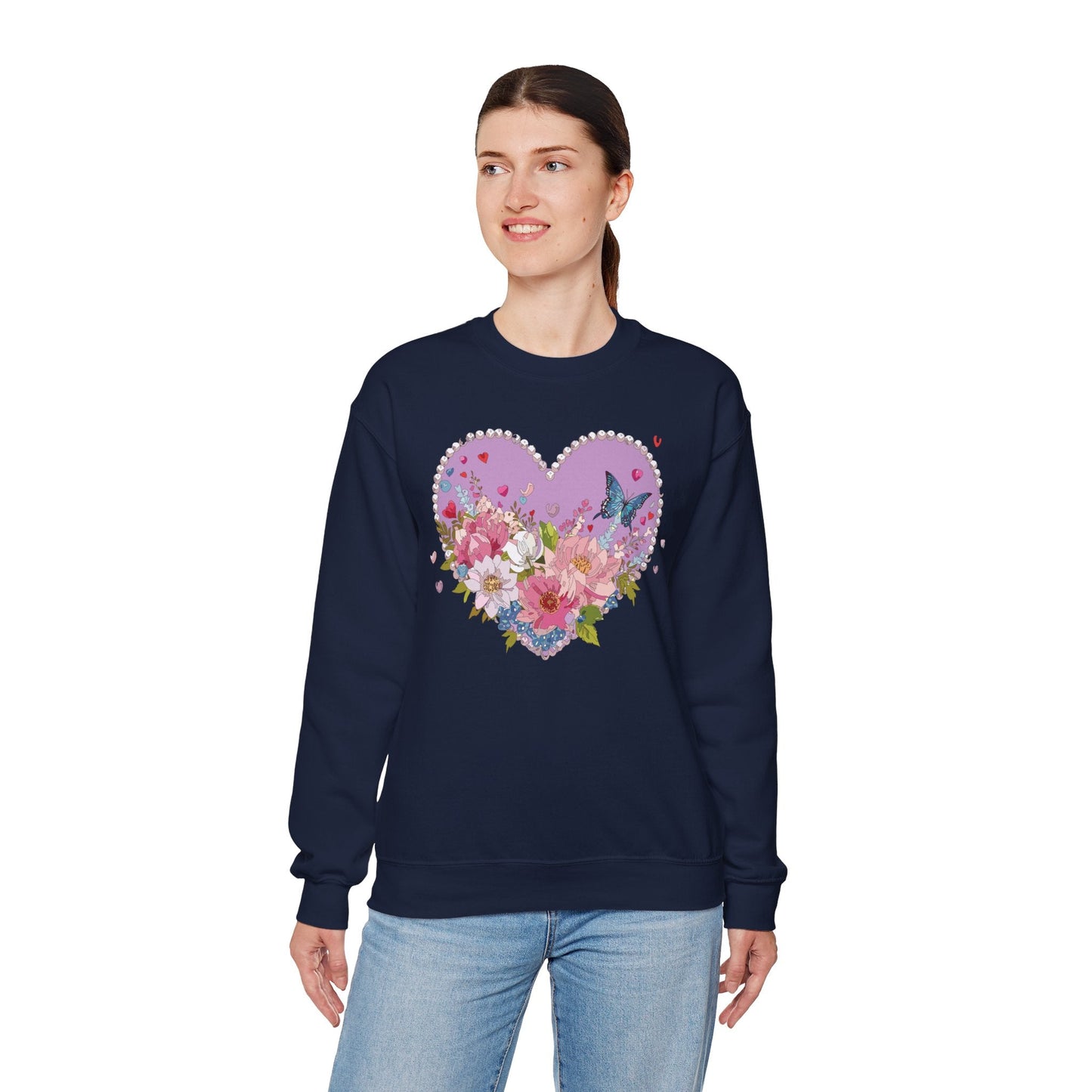 Floral Heart Sweatshirt Unisex Crewneck Valentines Day Heavy Blend Gildan 18000 Cozy Warm