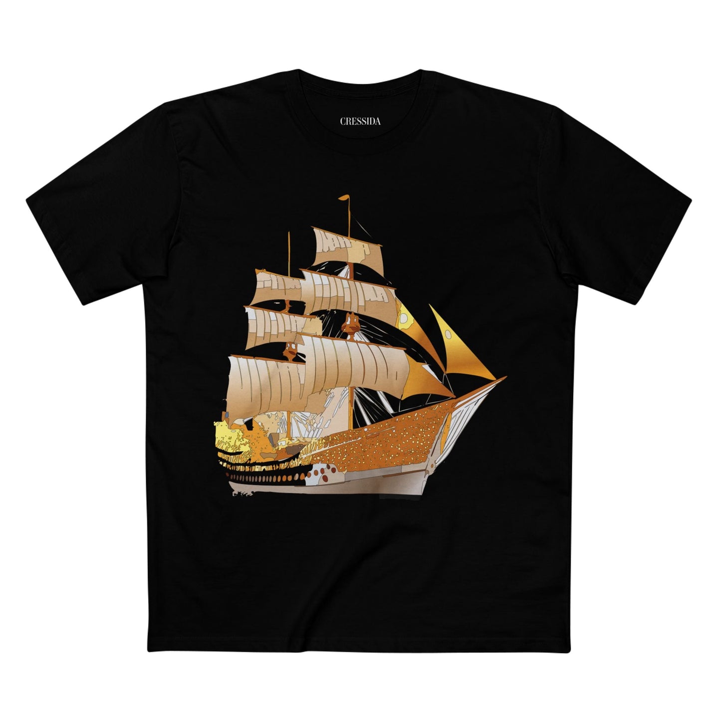 Ship Graphic Unisex 100 Cotton T-Shirt with Gold Frigate Art Design 24