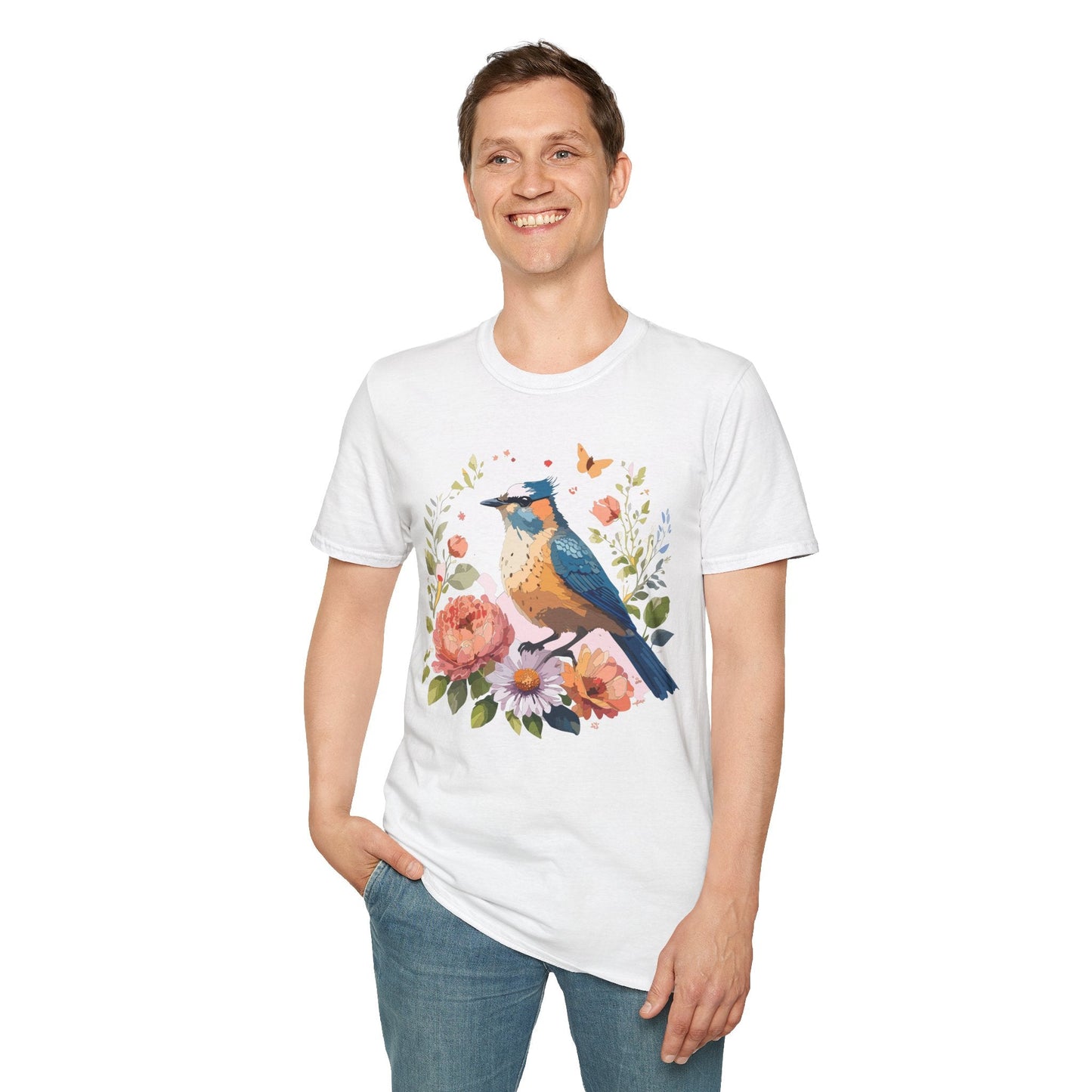 Floral Bird T Shirt Unisex Softstyle Gildan 64000 Tee 100 Percent Ring Spun Cotton