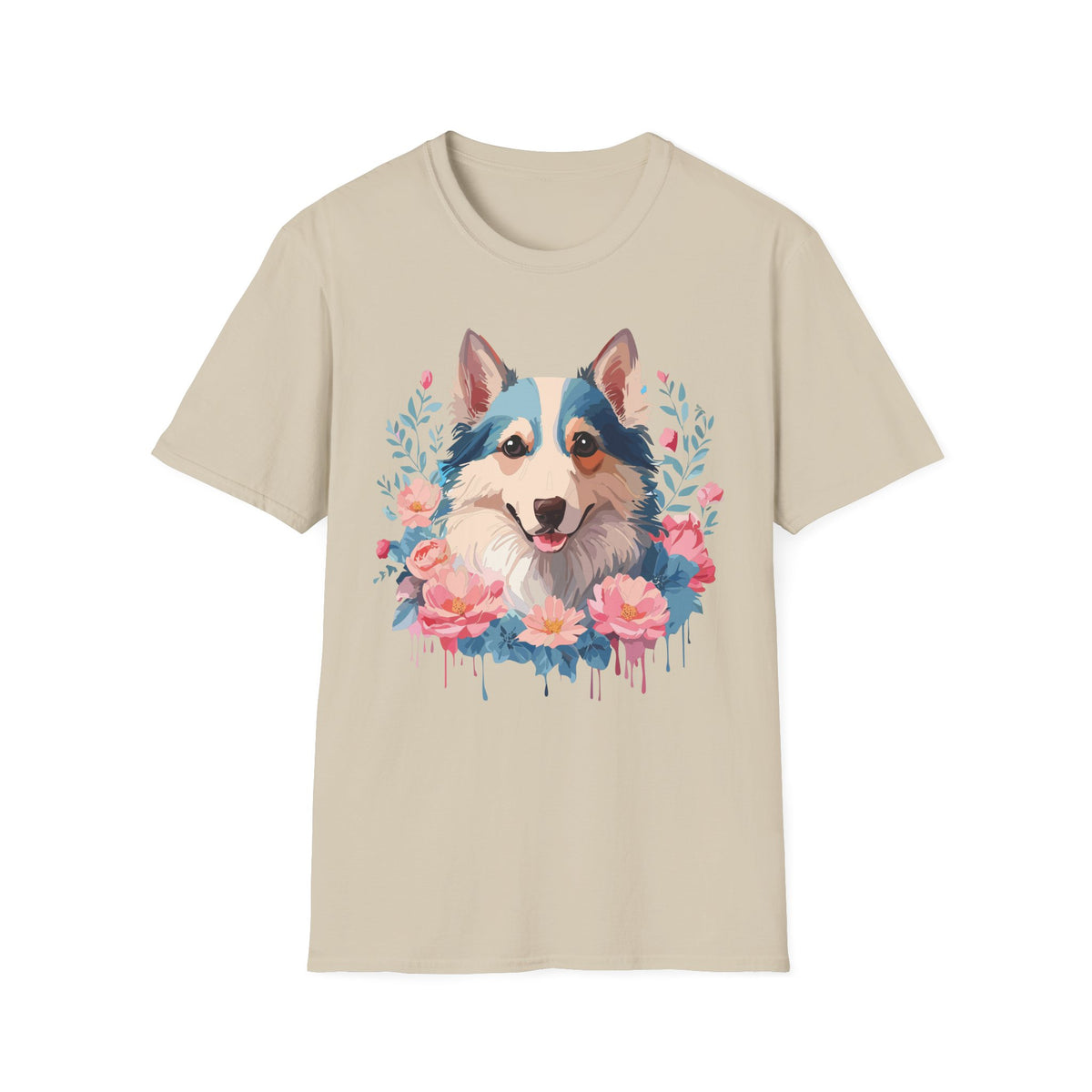 Floral Corgi Portrait T-Shirt | Dog Face Tee with Flowers