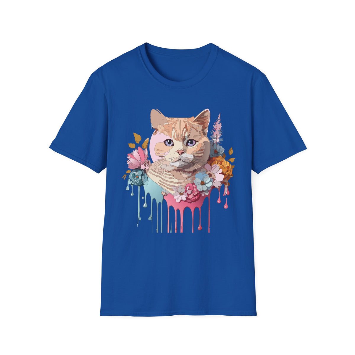 Floral Ginger Cat Portrait T-Shirt | Painted Cat Face with Flowers