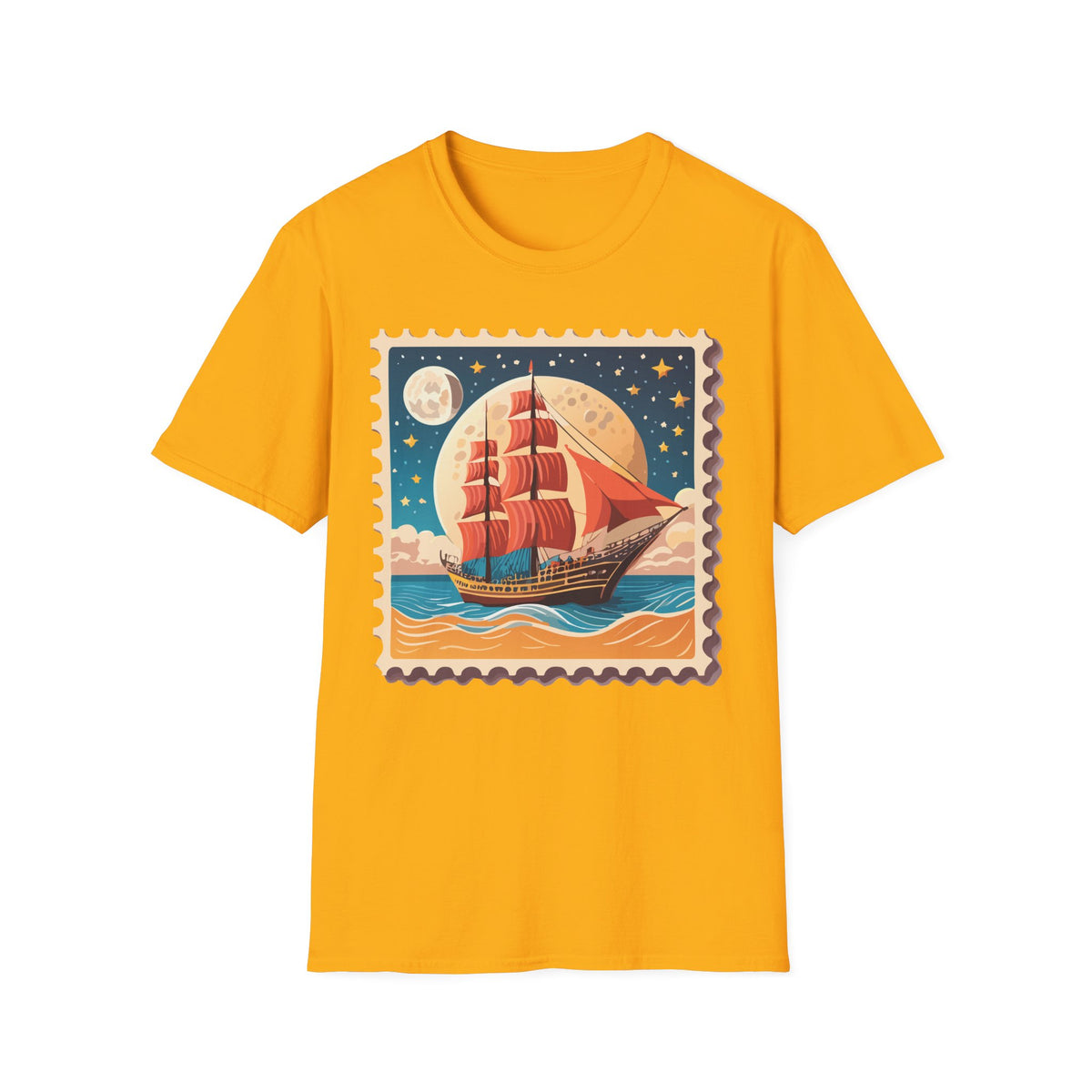 Vintage Sailing Ship Stamp T-Shirt | Retro Moonlit Ocean Illustration