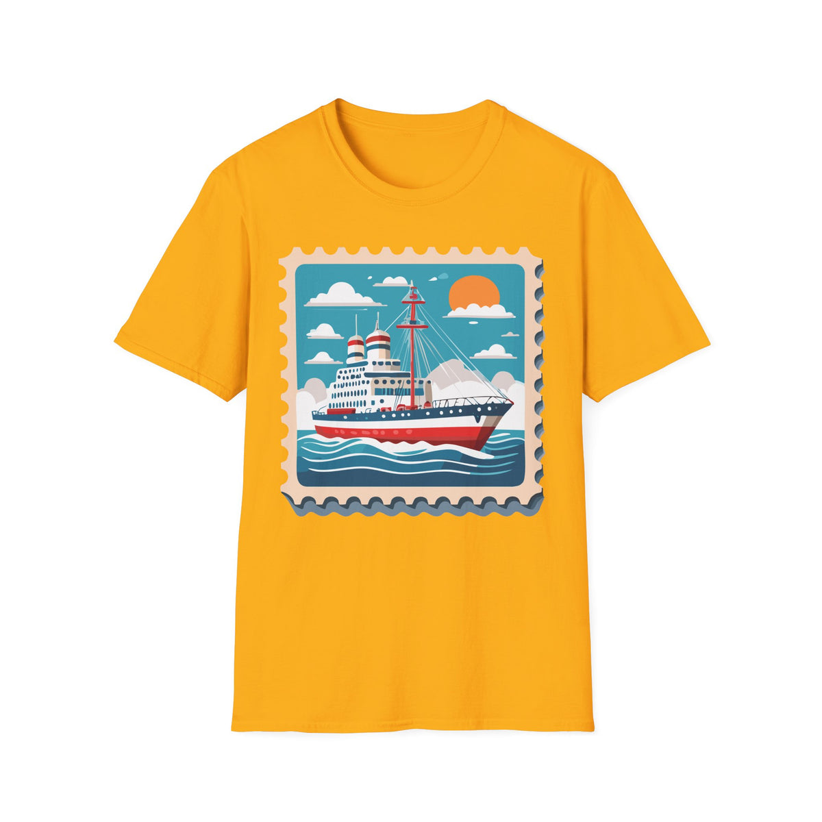 Vintage Cruise Ship Stamp T-Shirt | Nautical Ocean Sunset Design