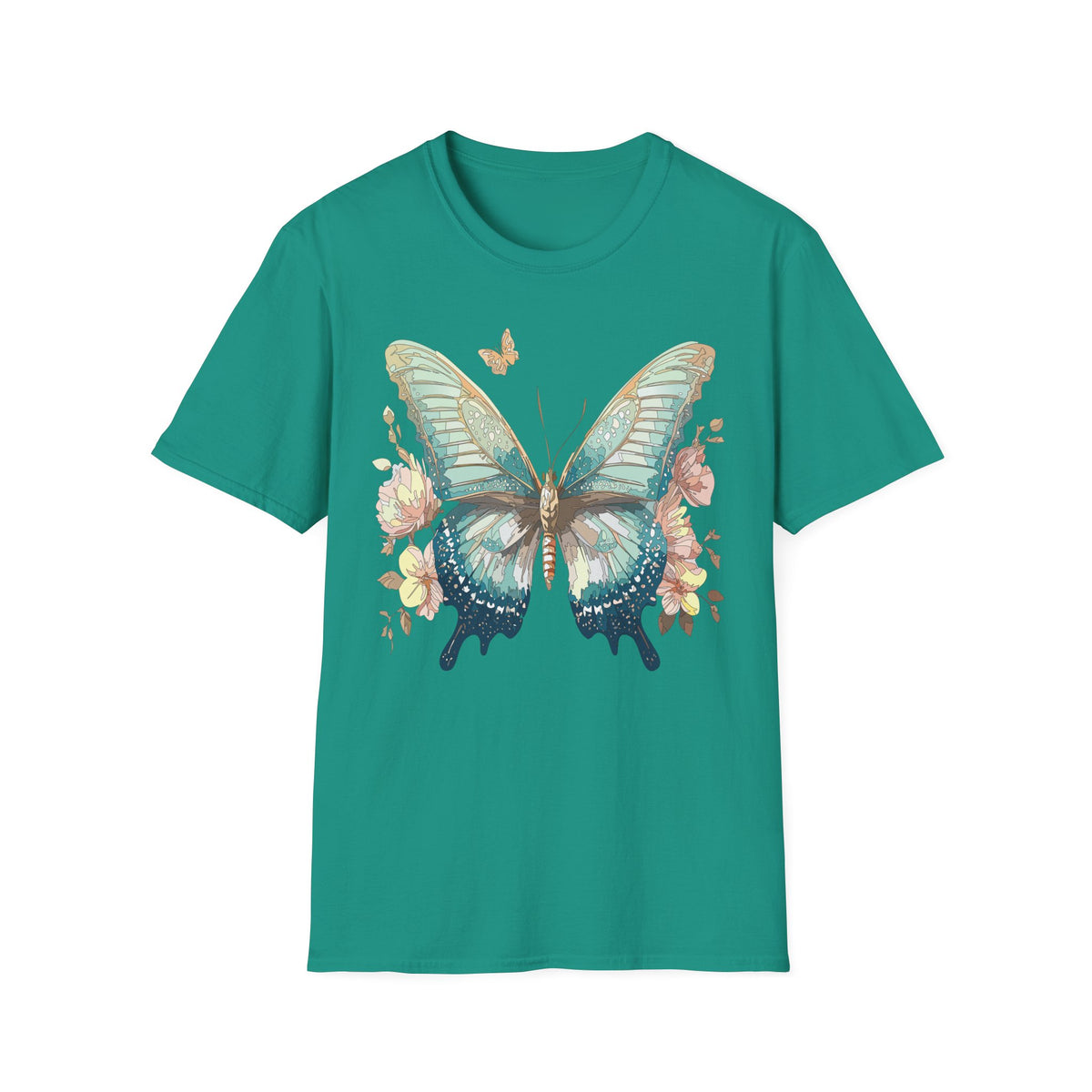 Teal Watercolor Butterfly T-Shirt | Floral Accent, Boho Nature Graphic Tee Unisex 100 Cotton Gildan T-Shirt