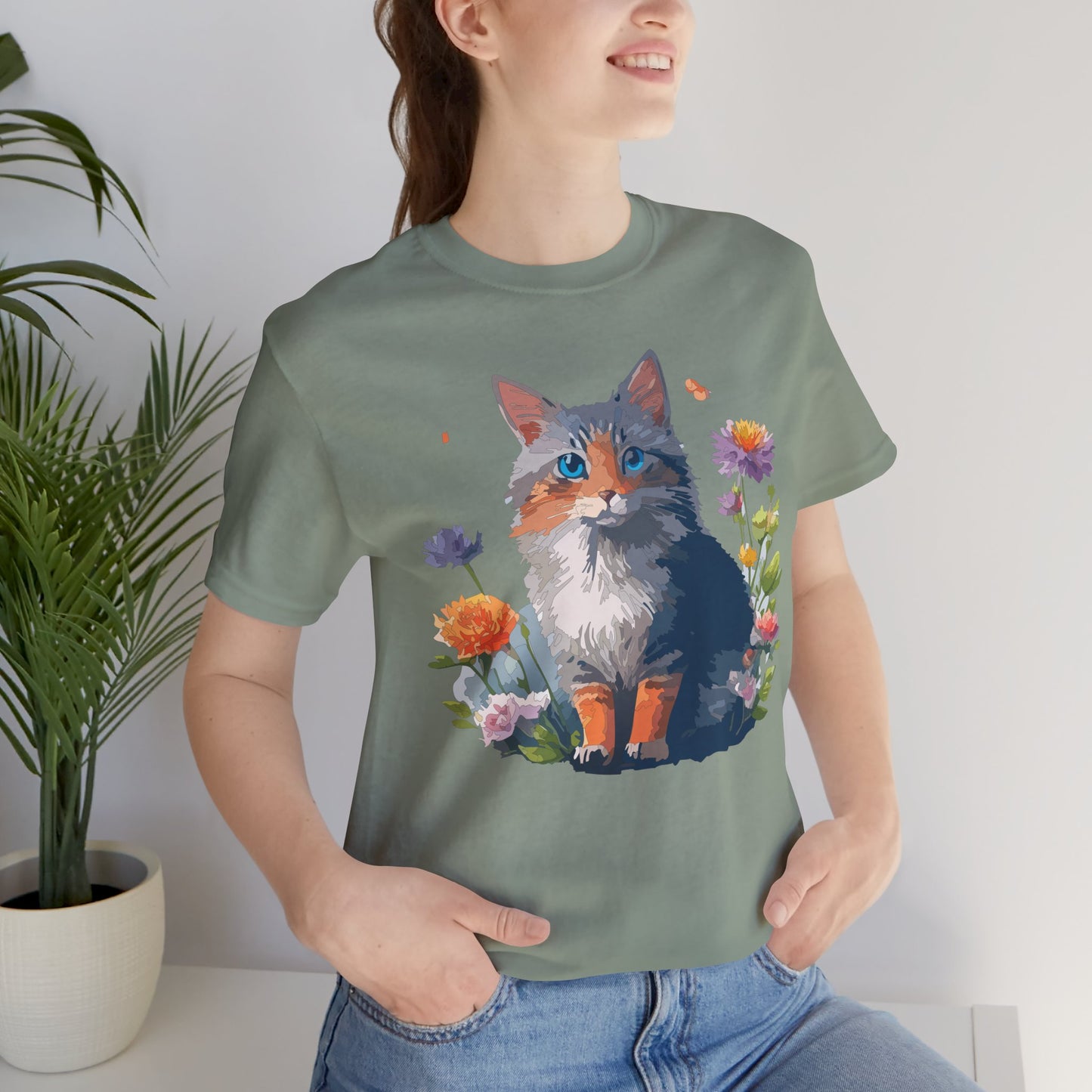 Floral Cat Tee, Animal Shirt, Cat Shirt, Floral Tee, Flower T-shirt, T-Shirt with Animal, Summer Top with Art Design