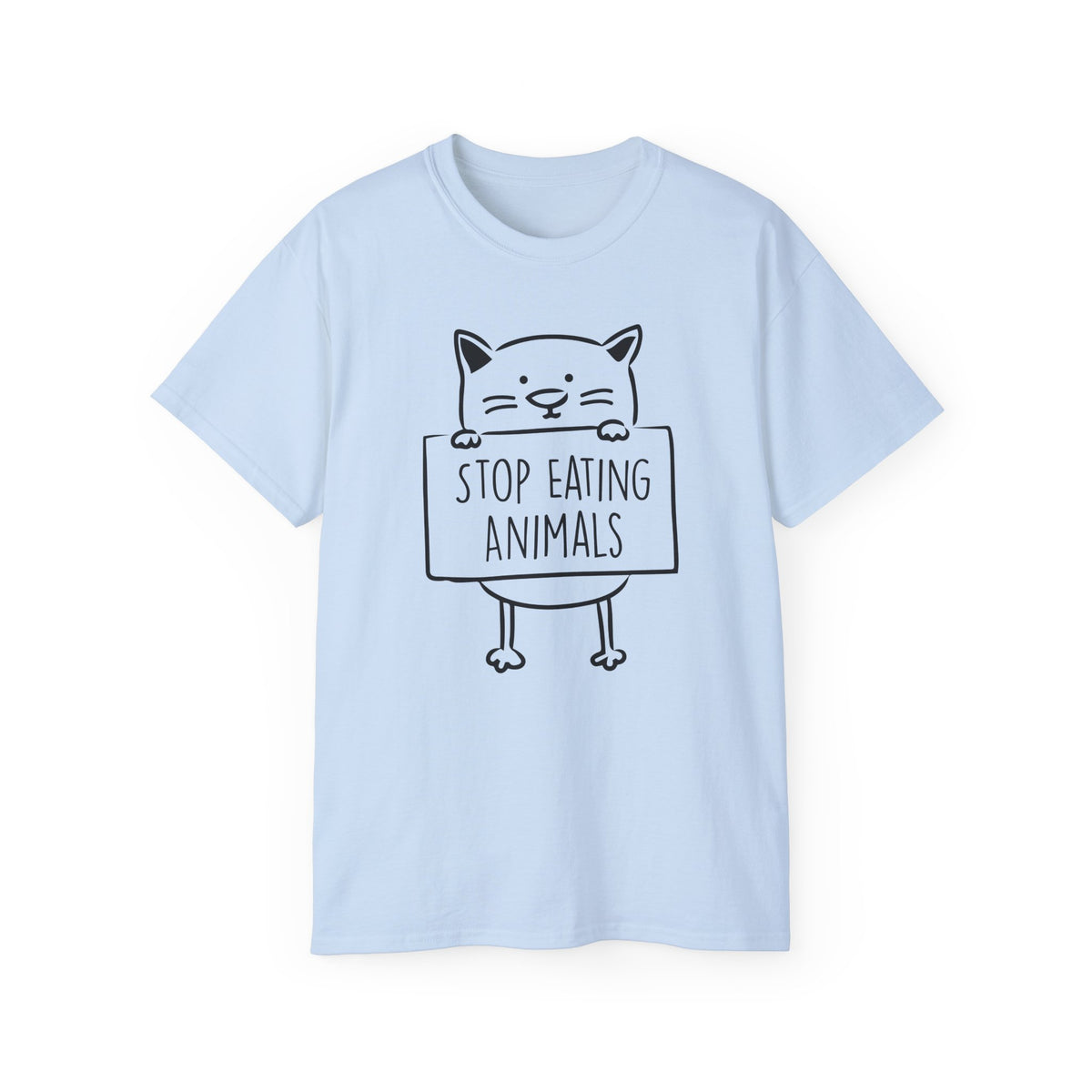 Cat Holding Sign Stop Eating Animals T-Shirt | Vegan Animal Rights Tee