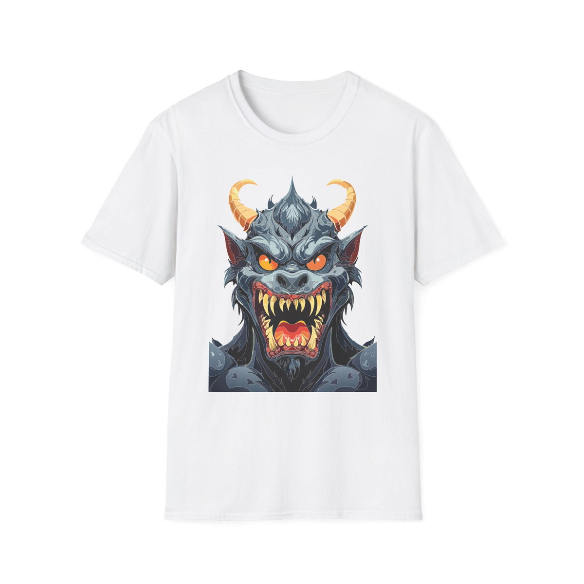 Demonic Monster Face T-Shirt — Fierce Horned Demon Cartoon Graphic Tee Unisex 100 Cotton Gildan T-Shirt