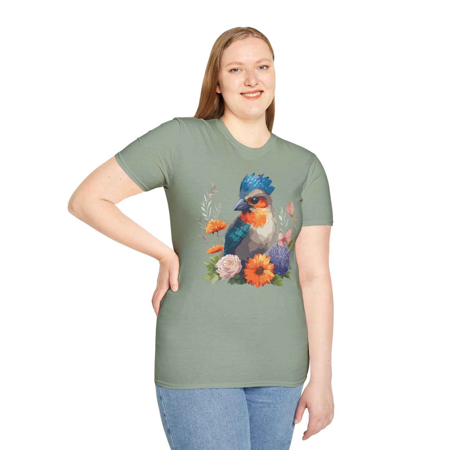 Floral Bird T Shirt Unisex Softstyle Tee 100 Percent Ring Spun Cotton Gildan 64000