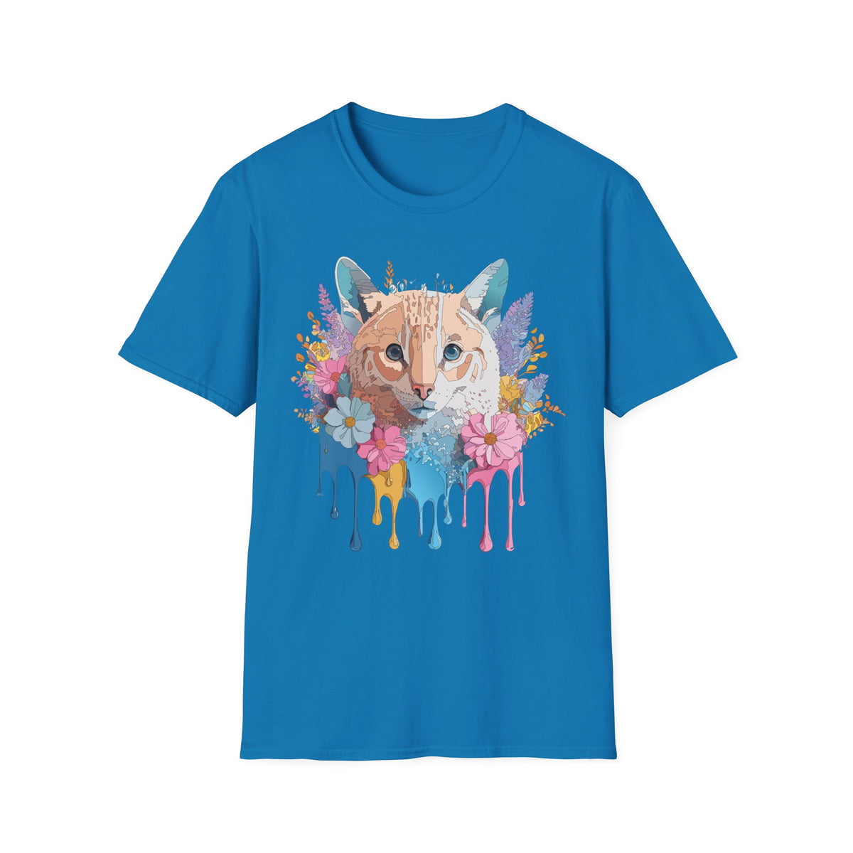 Watercolor Cat Face T-Shirt | Floral Drip Art, Colorful Kitty Tee