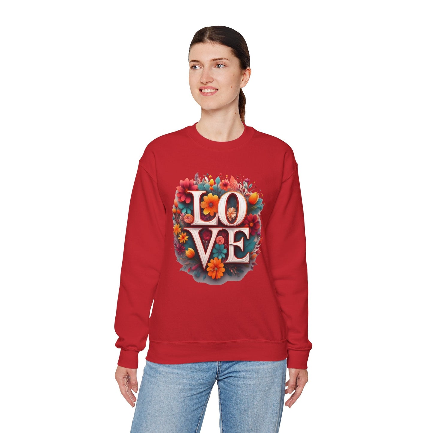 Floral Love Valentines Day Sweatshirt Unisex Heavy Blend Crewneck 50/50 Cotton Polyester Gildan 18000