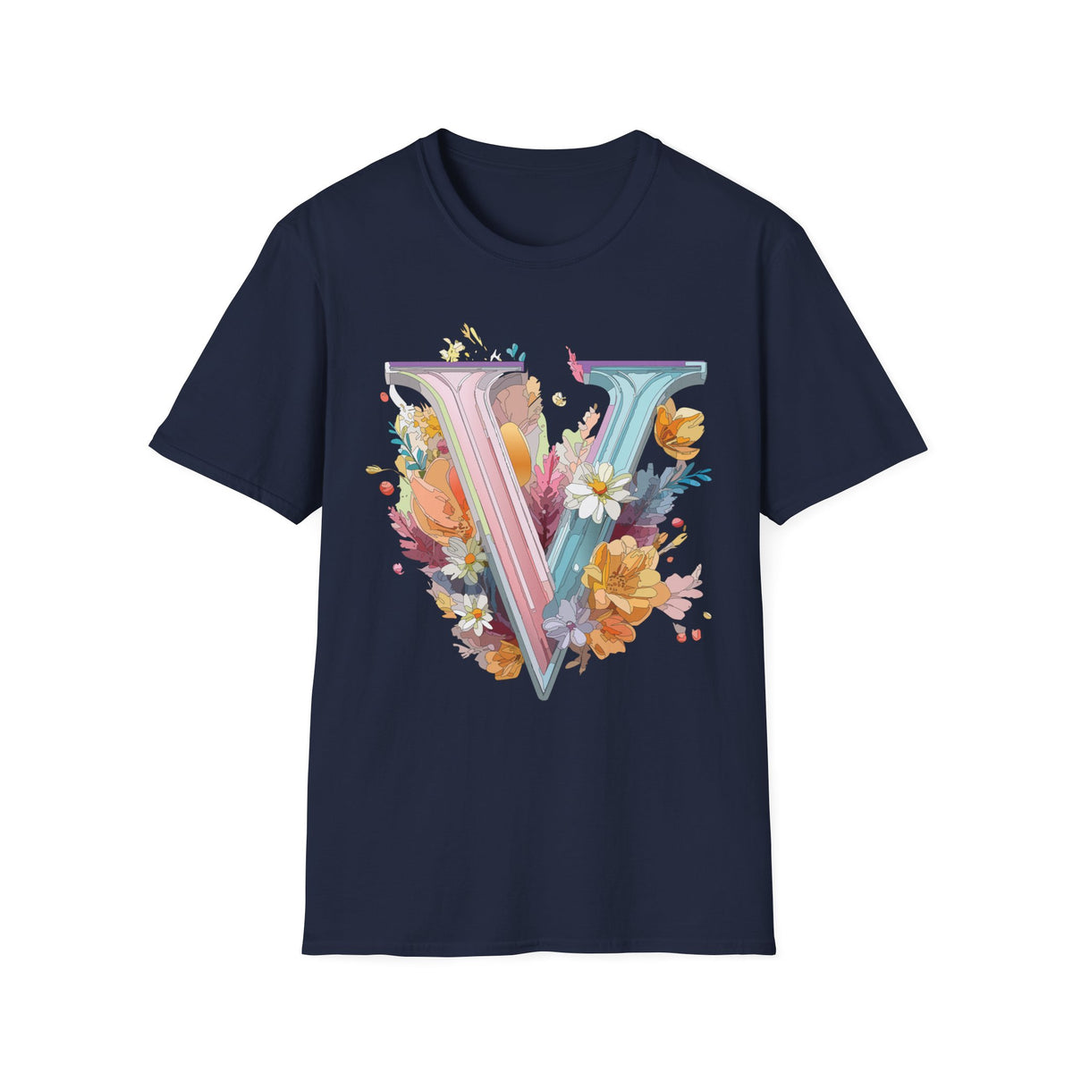 Floral Letter V T-Shirt | Pastel Botanical Initial Tee