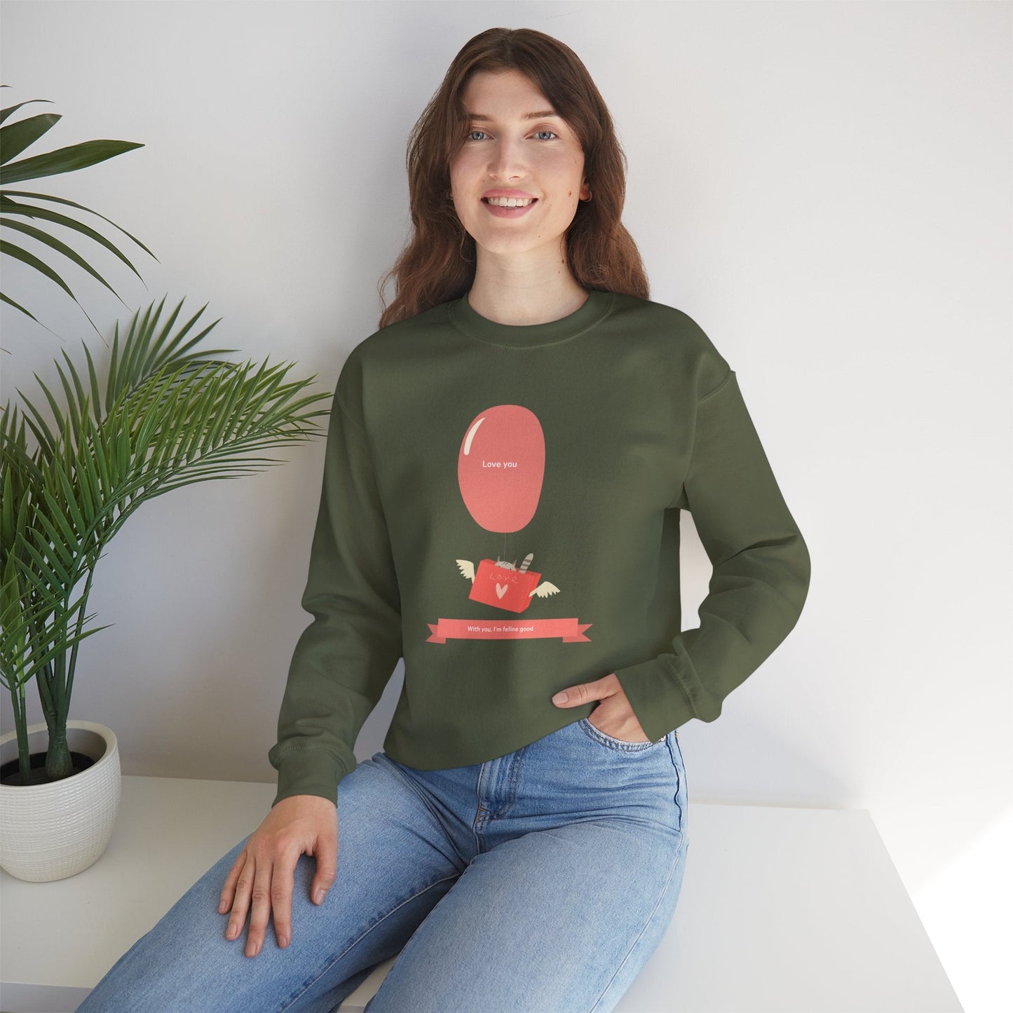 Cat Love Balloon Sweatshirt Unisex Fifty Fifty Cotton Poly Valentine Heavy Blend Crewneck Sweatshirt