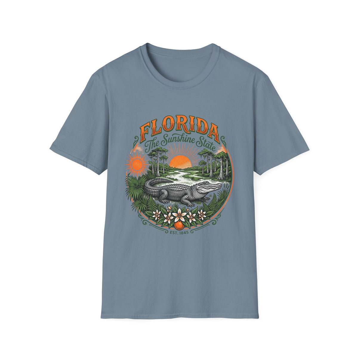 Florida The Sunshine State T-Shirt — Vintage Alligator Sunset Travel Tourist Graphic Design Unisex 100 Cotton Gildan T-Shirt