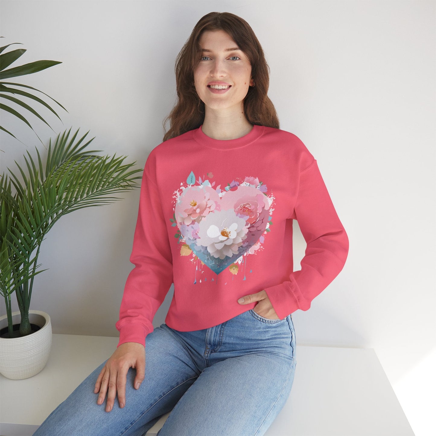 Unisex Floral Heart Sweatshirt For Valentines Day With Love Floral Print Crewneck