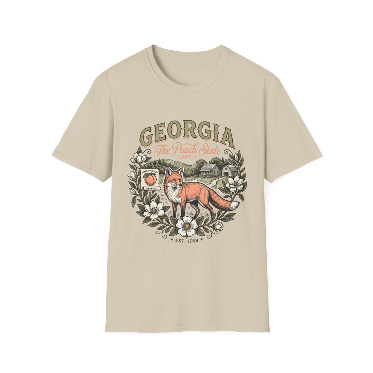 Georgia Fox T-Shirt — The Peach State Vintage Nature Travel Tourist Graphic Design Unisex 100 Cotton Gildan T-Shirt