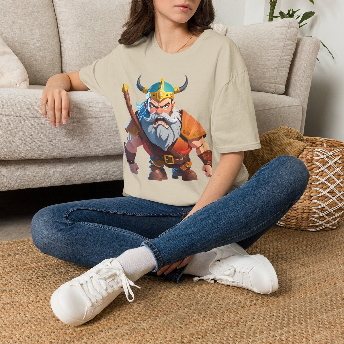 Angry Viking Warrior T-Shirt | Cartoon Norse Helmet Axe