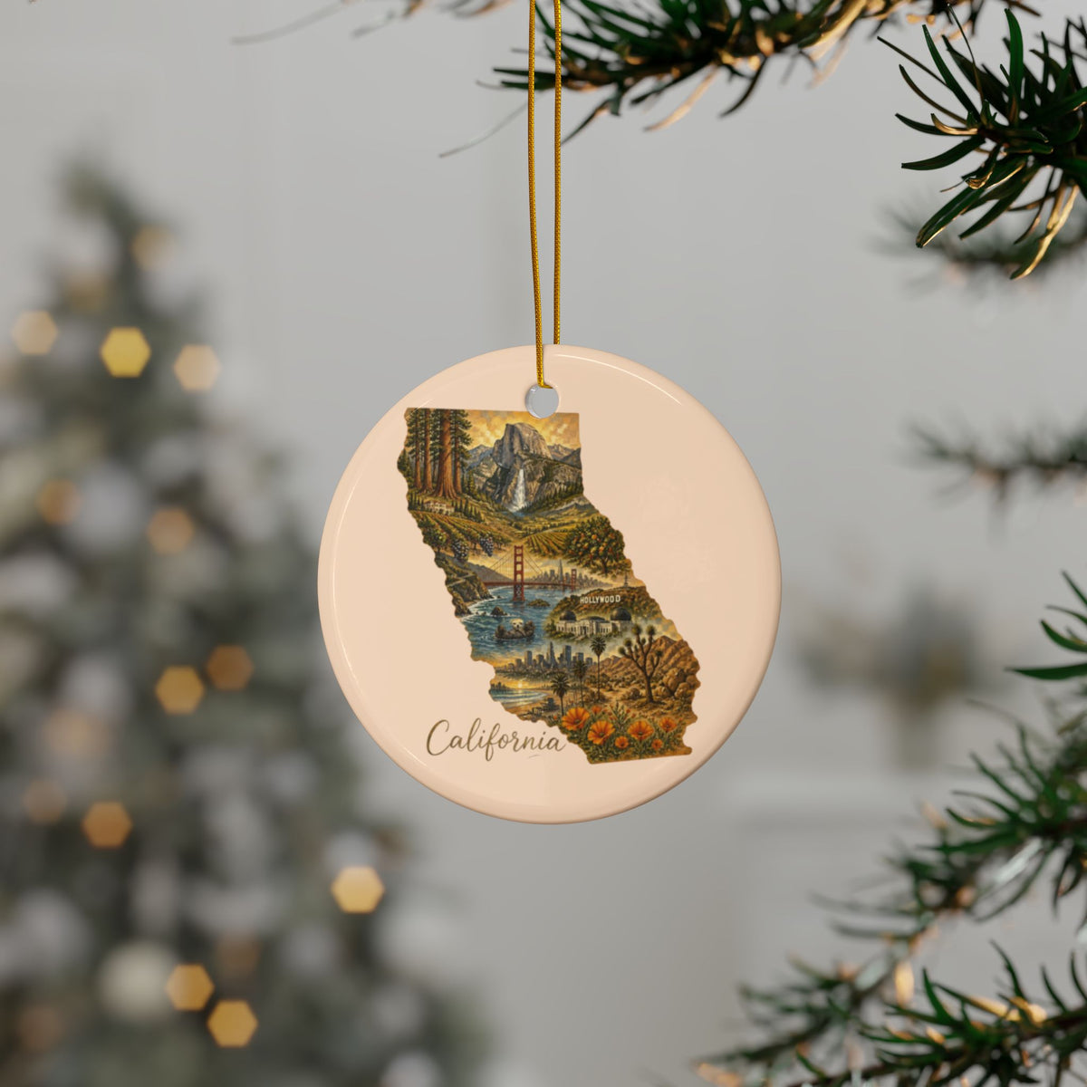 California state map floral illustration Ornament | Ceramic round holiday decor - 2.99" Includes Gold String