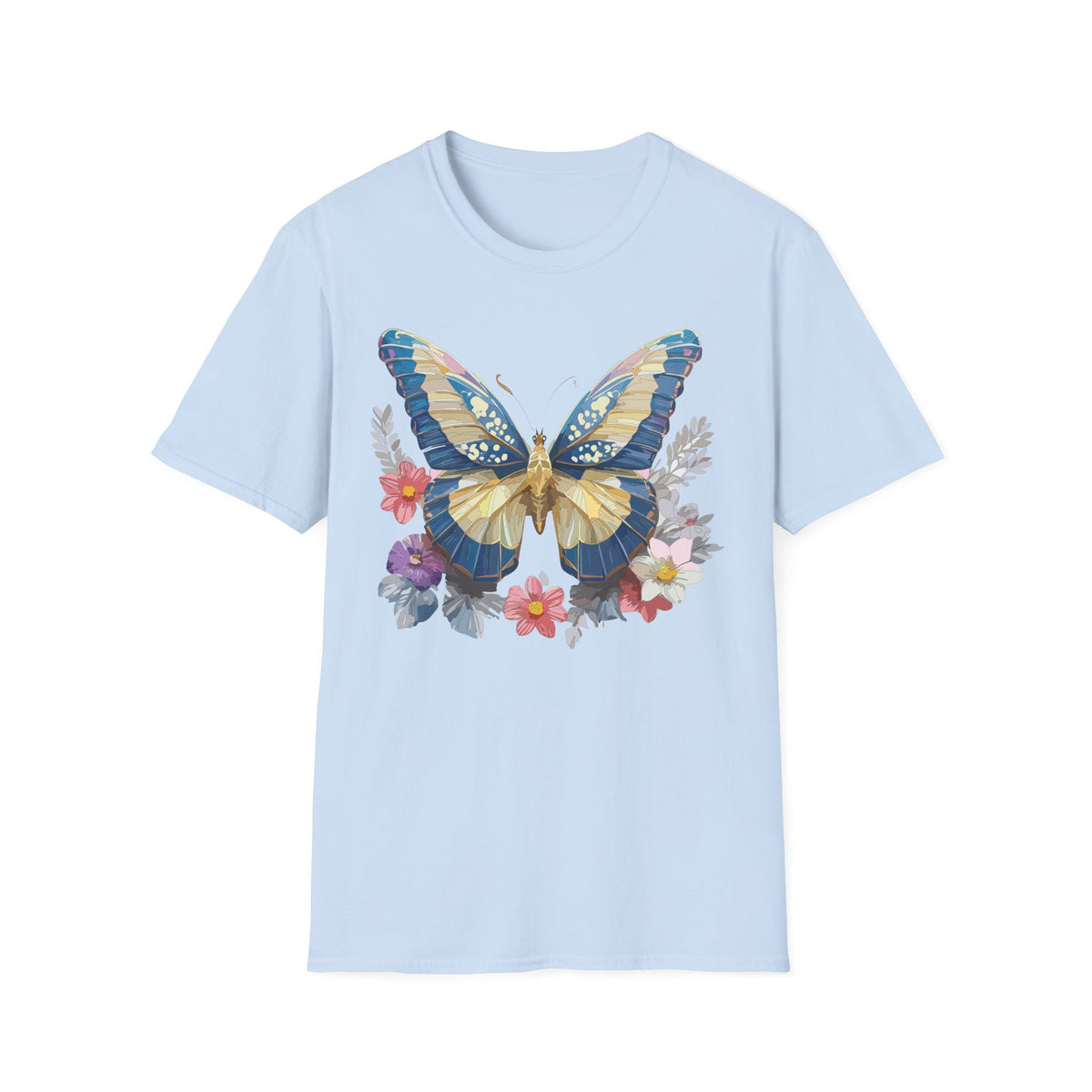Blue Yellow Butterfly T-Shirt | Floral Wings Nature Graphic Tee Unisex 100 Cotton Gildan T-Shirt
