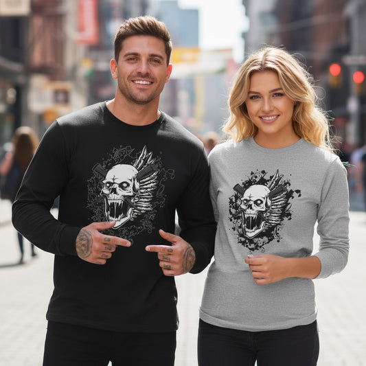 Creepy7 Skull Graphic Unisex Cotton Long Sleeve Bella+Canvas Tee with Art Design 186