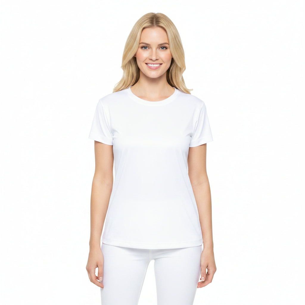 True White Color Print Women's Sports Jersey Short Sleeves Poly Athletic Tee
