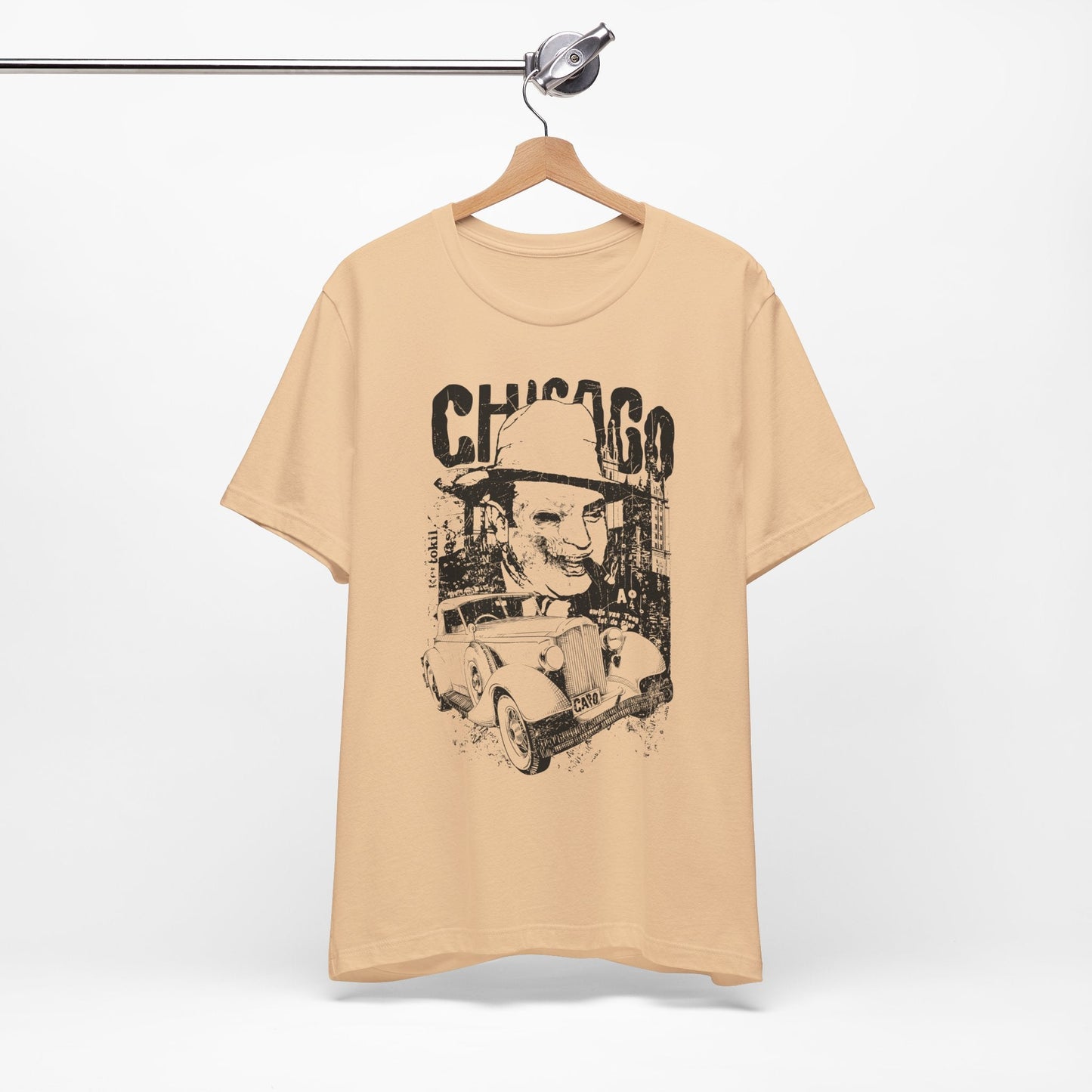 Chicago Retro Mobster Illustration Tee Vintage Car Cityscape Art Design T-Shirt A-8