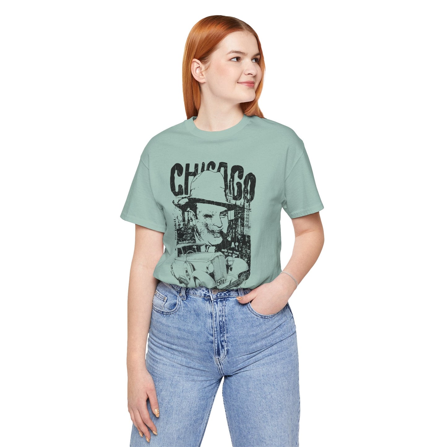 Chicago Retro Mobster Illustration Tee Vintage Car Cityscape Art Design T-Shirt A-8