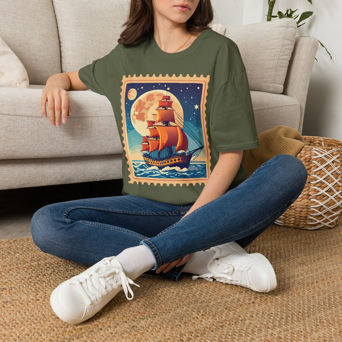 Vintage Sailing Ship T‑Shirt — Nautical Stamp Moonlight Travel Post Graphic Design Unisex 100 Cotton Gildan T-Shirt