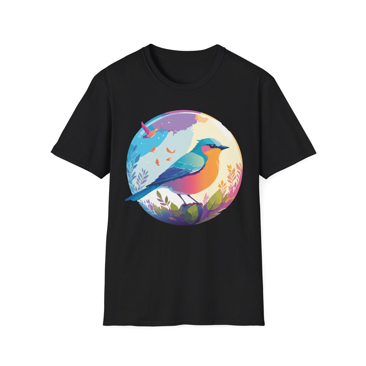 Colorful Bird Illustration T-Shirt | Rainbow Songbird Circle Art