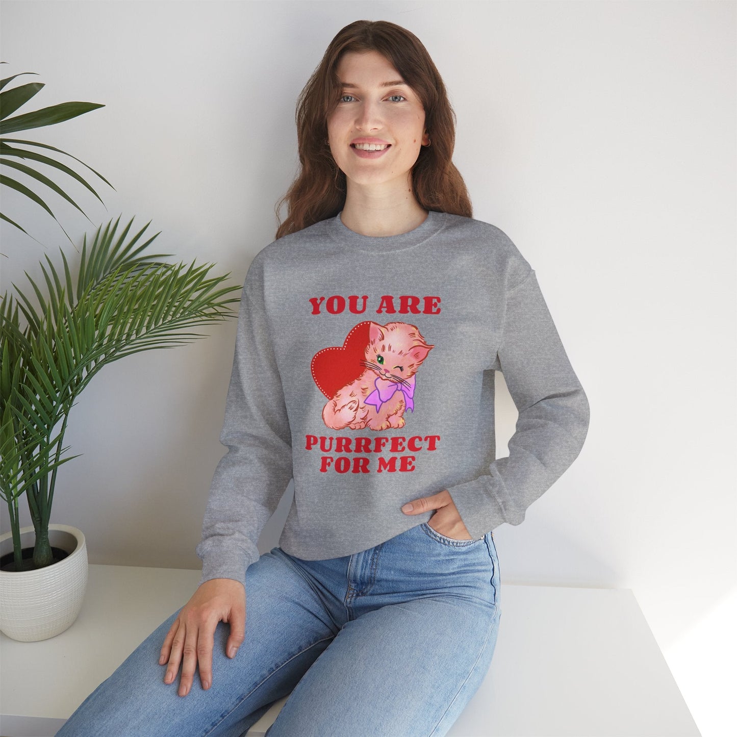 Cat Heart Sweatshirt Unisex Valentines Day Fifty Fifty Cotton Poly Blend Crewneck