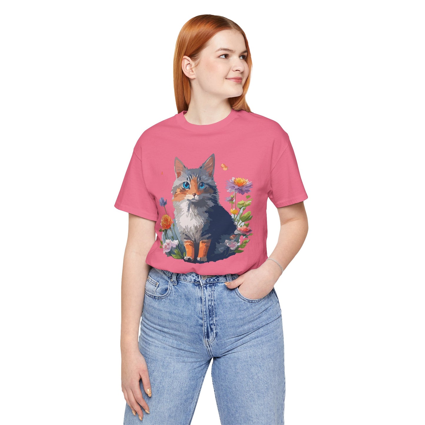 Floral Cat Tee, Animal Shirt, Cat Shirt, Floral Tee, Flower T-shirt, T-Shirt with Animal, Summer Top with Art Design