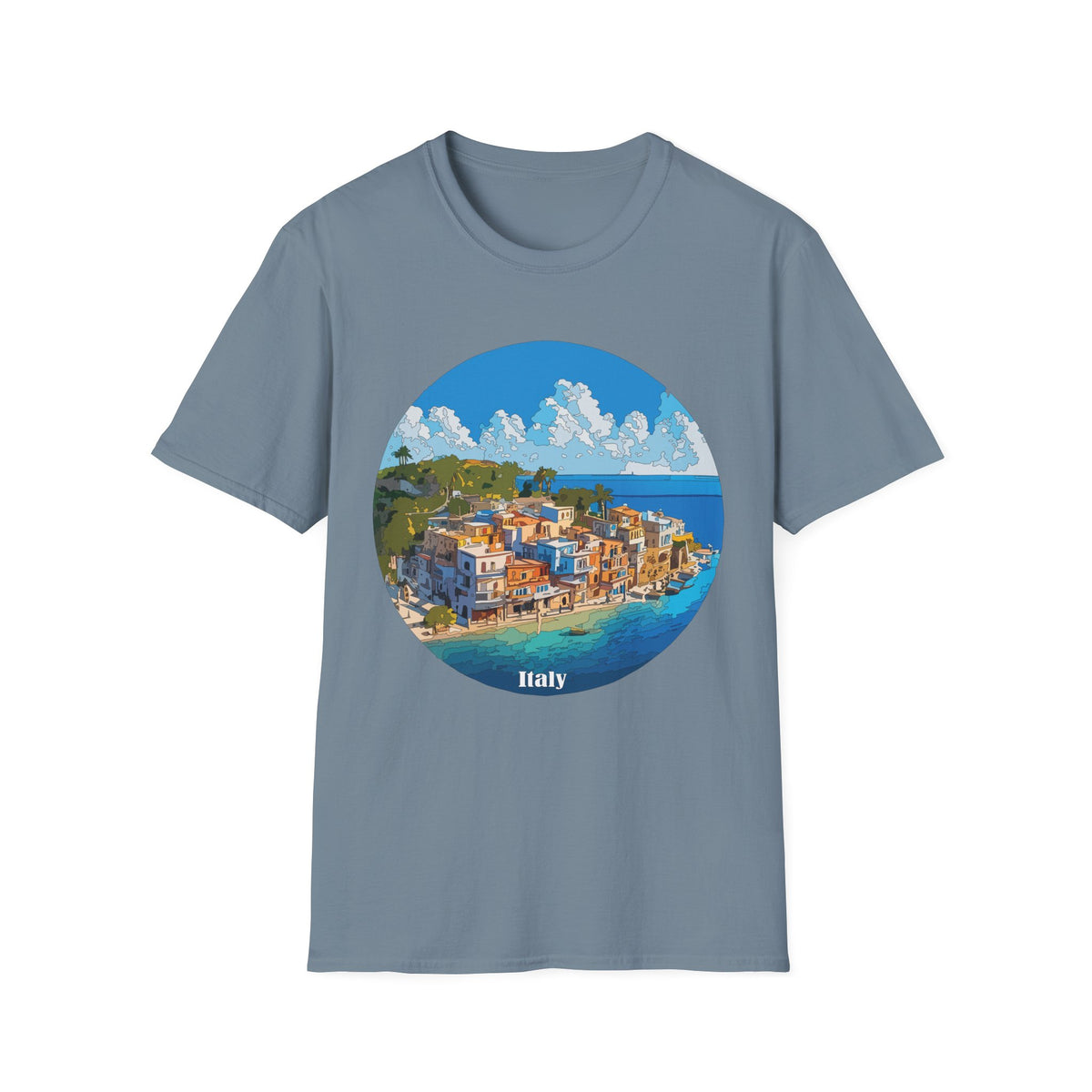 Coastal Italy Village Illustration T-Shirt | Mediterranean Seaside Graphic Tee