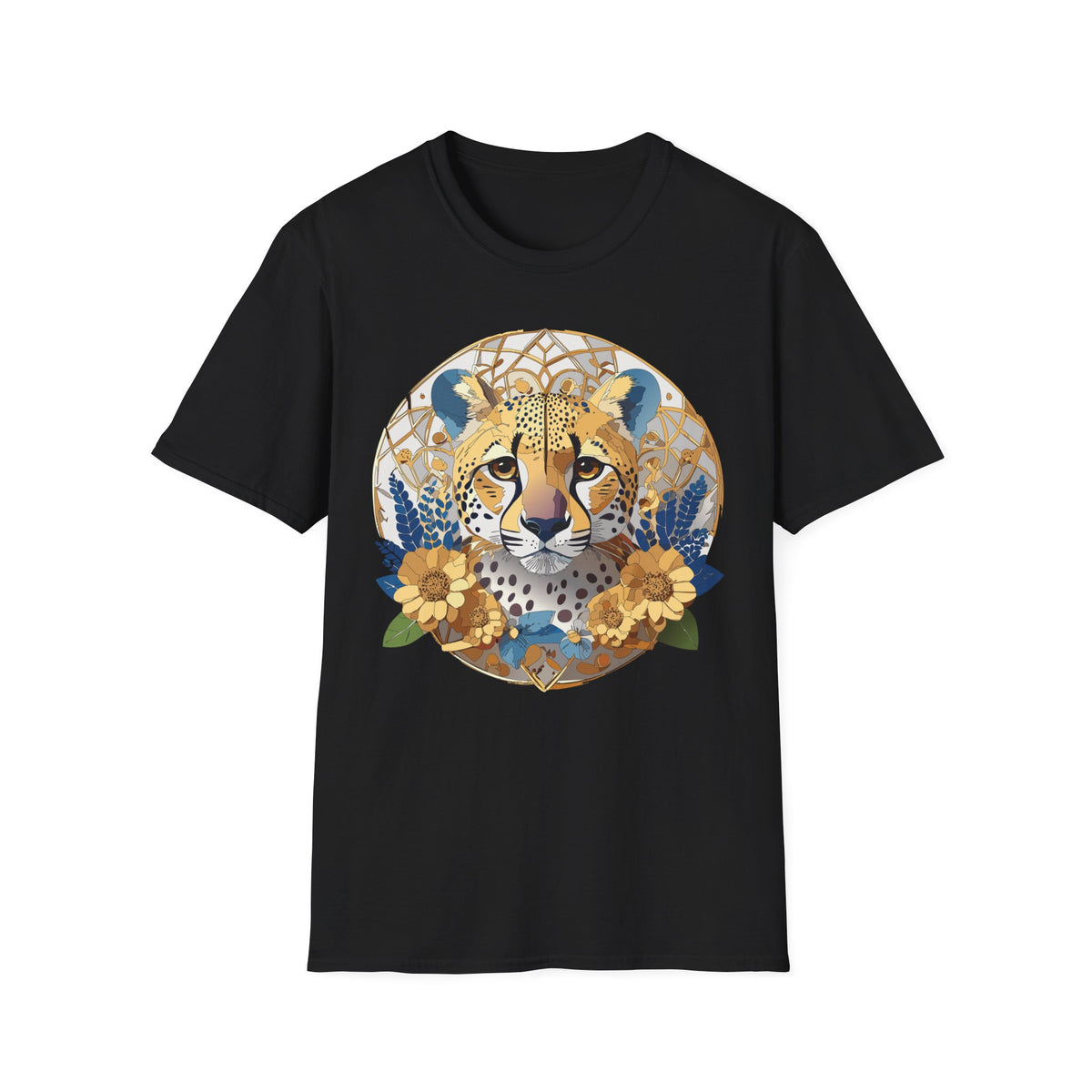 Golden Cheetah Mandala T-Shirt | Floral Boho Animal Illustration