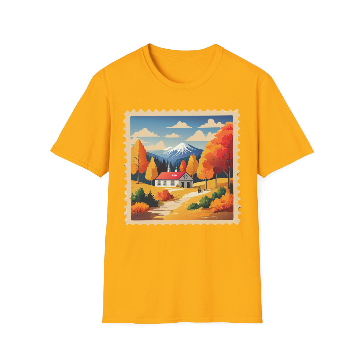 Autumn Mountain Cabin T-Shirt | Fall Landscape Stamp Art