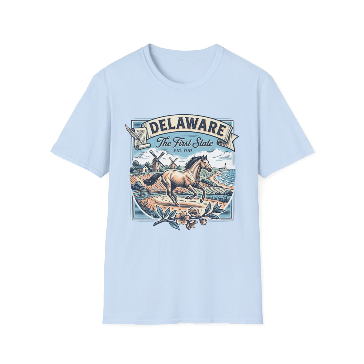 Delaware 'The First State' Scenic Travel Tourist Graphic Tee Unisex 100 Cotton Gildan T-Shirt