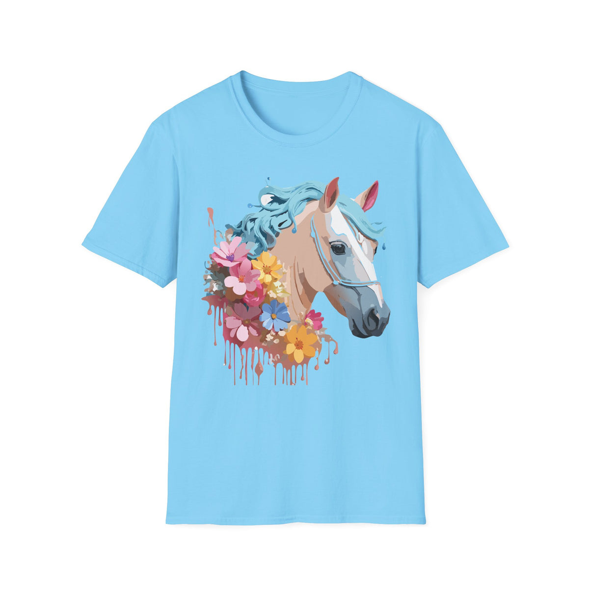 Floral Horse Illustration T-Shirt | Pastel Blue Mane, Watercolor Flowers