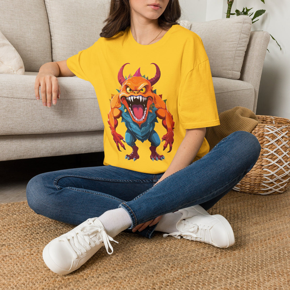 Monster Graphic T-Shirt — Fierce Orange Demon Design Cartoon Graphic Tee Unisex 100 Cotton Gildan T-Shirt