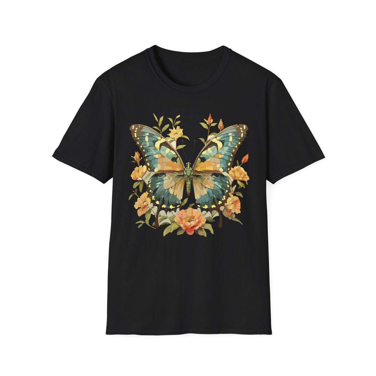 Butterfly Floral T-Shirt — Vintage Green & Gold Garden Graphic Tee Unisex 100 Cotton Gildan T-Shirt