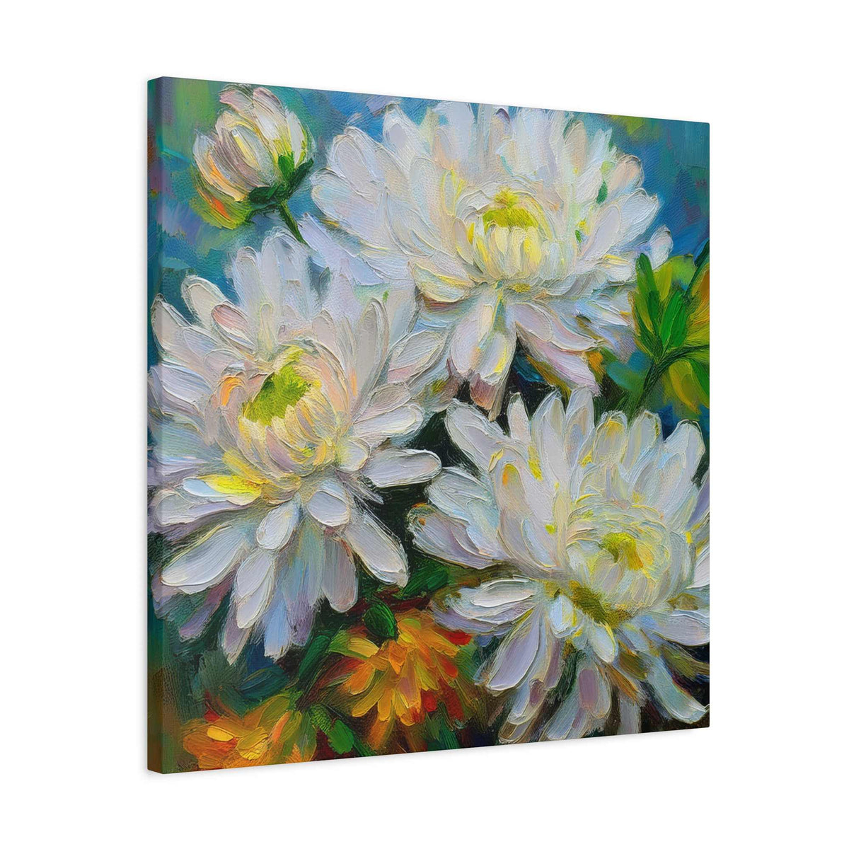 Chrysanthemums Print Canvas, Floral Oil Paint Print 20x20, 24x24, 30x30, 32x32, 36x36 Art Design Pine-Wood Inner Frame MC-161