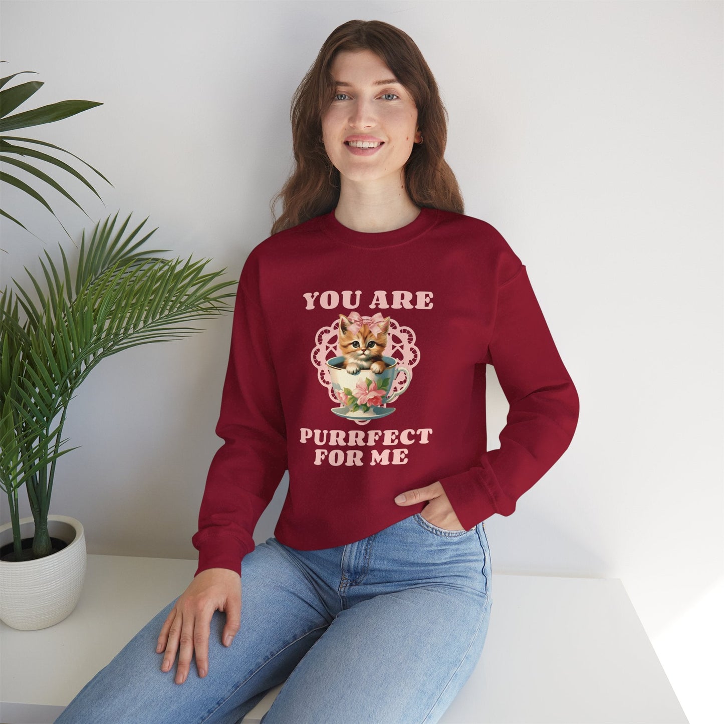 Cat Sweatshirt With Heart Print Valentines Day Unisex 50 50 Cotton Poly Crewneck