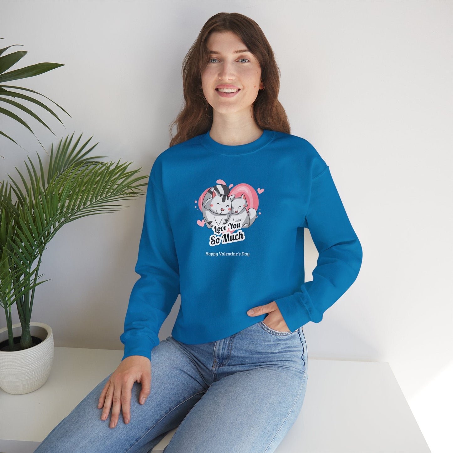 Cat Heart Sweatshirt Valentines Day Unisex 50 50 Cotton Poly Crewneck Gildan 18000