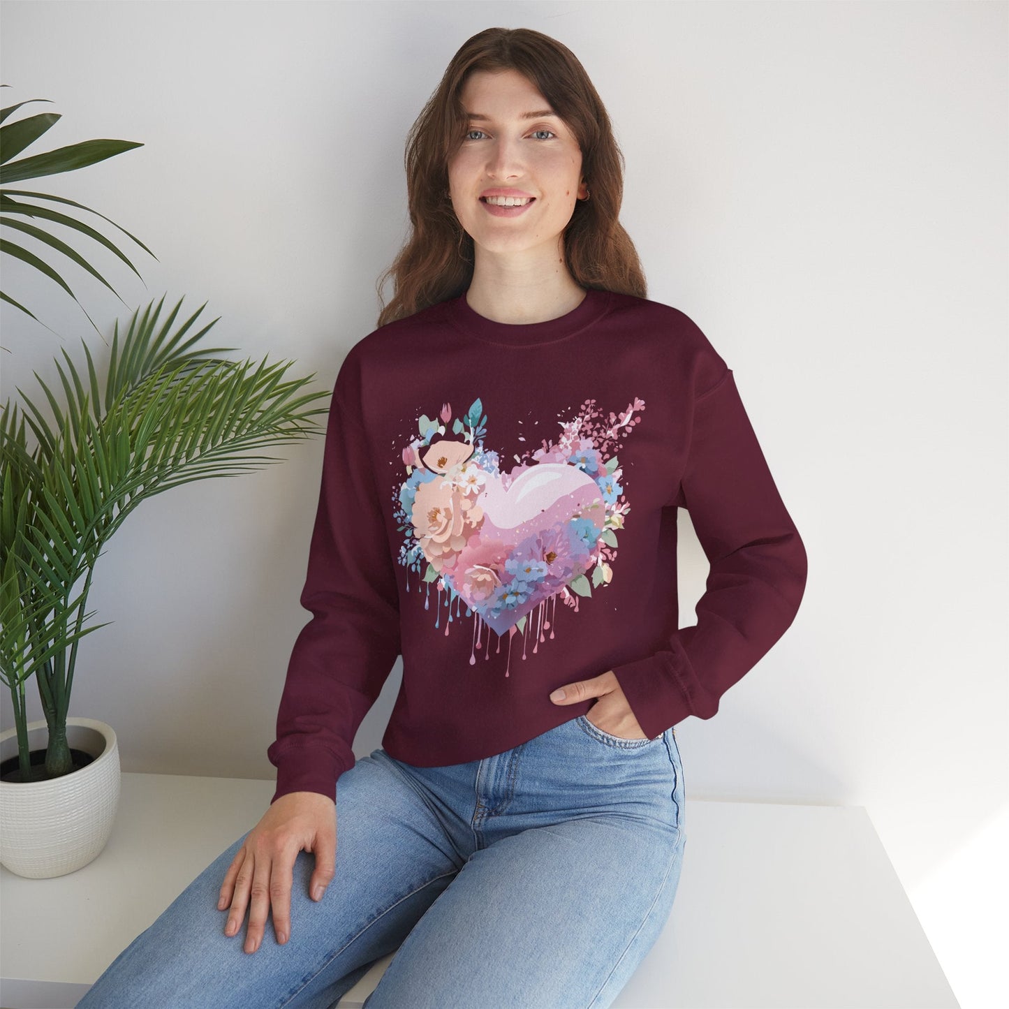 Floral Heart Sweatshirt Unisex Crewneck Valentines Day Floral Love Gildan 18000 Premium