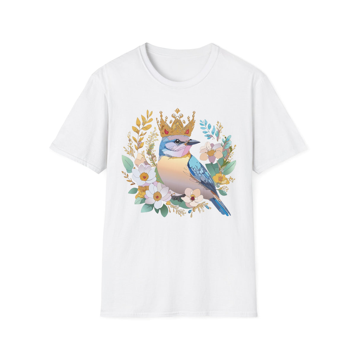 Crowned Bluebird Illustration T-Shirt | Floral Bird Crown Design
